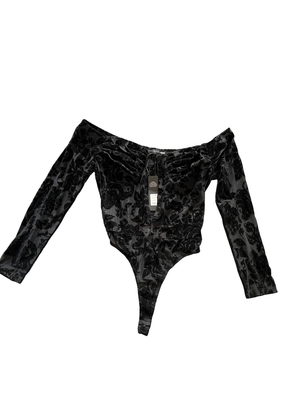 Fashion Nova Black Velvet Burnout Off-Shoulder Long Sleeve Bodysuit 2X NWT